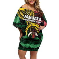 Personalised Vanuatu Independence Day Family Matching Off Shoulder Short Dress and Hawaiian Shirt Boar Tusk Warrior Tribal Floral Patterns DT05 Mom's Dress Multicolor - Polynesian Pride