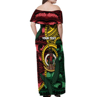 Personalised Vanuatu Independence Day Off Shoulder Maxi Dress Boar Tusk Warrior Tribal Floral Patterns DT05 - Polynesian Pride