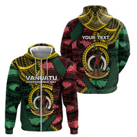Personalised Vanuatu Independence Day Zip Hoodie Boar Tusk Warrior Tribal Floral Patterns DT05 - Polynesian Pride