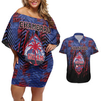 Personalised Guam Couples Matching Off Shoulder Short Dress and Hawaiian Shirt Chamorro Seal Tribal Scratch Design - Polynesian Pride