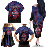 Personalised Guam Family Matching Off The Shoulder Long Sleeve Dress and Hawaiian Shirt Chamorro Seal Tribal Scratch Design - Polynesian Pride