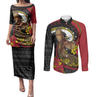 Personalised Papua New Guinea Language Week Couples Matching Puletasi and Long Sleeve Button Shirt Bird Of Paradise Tribal Floral Pattern DT05 Black - Polynesian Pride