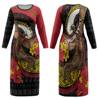 Personalised Papua New Guinea Language Week Family Matching Long Sleeve Bodycon Dress and Hawaiian Shirt Bird Of Paradise Tribal Floral Pattern DT05 Mom's Dress Black - Polynesian Pride