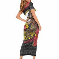 Personalised Papua New Guinea Language Week Short Sleeve Bodycon Dress Bird Of Paradise Tribal Floral Pattern DT05 - Polynesian Pride