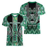 Aotearoa Ngati Awa Women V-Neck T-Shirt Maori Tribal Green Marble Paua Shell Pattern DT05 - Polynesian Pride