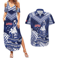 Personalised Samoa Rugby Couples Matching Summer Maxi Dress and Hawaiian Shirt Pacific Warrior Glory DT05 Navy - Polynesian Pride