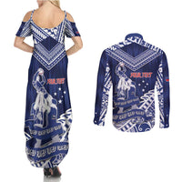 Personalised Samoa Rugby Couples Matching Summer Maxi Dress and Long Sleeve Button Shirt Pacific Warrior Glory DT05 - Polynesian Pride