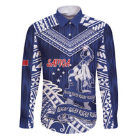 Personalised Samoa Rugby Family Matching Short Sleeve Bodycon Dress and Hawaiian Shirt Pacific Warrior Glory DT05 Dad's Shirt - Long Sleeve Navy - Polynesian Pride