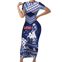 Personalised Samoa Rugby Family Matching Short Sleeve Bodycon Dress and Hawaiian Shirt Pacific Warrior Glory DT05 Mom's Dress Navy - Polynesian Pride