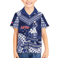 Personalised Samoa Rugby Family Matching Short Sleeve Bodycon Dress and Hawaiian Shirt Pacific Warrior Glory DT05 Son's Shirt Navy - Polynesian Pride
