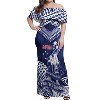 Personalised Samoa Rugby Off Shoulder Maxi Dress Pacific Warrior Glory DT05 Women Navy - Polynesian Pride
