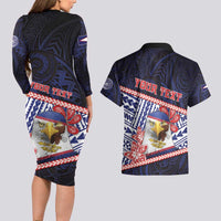 Personalized American Samoa Couples Matching Long Sleeve Bodycon Dress and Hawaiian Shirt Bald Eagle With Polynesian Pattern - Polynesian Pride