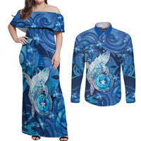 Personalised Northern Mariana Islands Couples Matching Off Shoulder Maxi Dress and Long Sleeve Button Shirt Galaxy Polynesian Shark Tattoo - Polynesian Pride