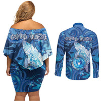 Personalised Northern Mariana Islands Couples Matching Off Shoulder Short Dress and Long Sleeve Button Shirt Galaxy Polynesian Shark Tattoo - Polynesian Pride