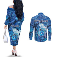 Personalised Northern Mariana Islands Couples Matching Off The Shoulder Long Sleeve Dress and Long Sleeve Button Shirt Galaxy Polynesian Shark Tattoo - Polynesian Pride