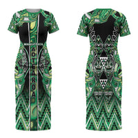 Aotearoa Whakatohea Couples Matching Short Sleeve Bodycon Dress and Long Sleeve Button Shirt Maori Tribal Green Abalone Paua Shell Pattern DT05 - Polynesian Pride