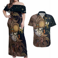 Hawaii Makahiki Couples Matching Off Shoulder Maxi Dress and Hawaiian Shirt Polynesian Sky And Earth DT05 Gold - Polynesian Pride