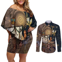 Hawaii Makahiki Couples Matching Off Shoulder Short Dress and Long Sleeve Button Shirt Polynesian Sky And Earth DT05 Gold - Polynesian Pride