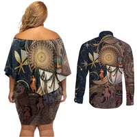 Hawaii Makahiki Couples Matching Off Shoulder Short Dress and Long Sleeve Button Shirt Polynesian Sky And Earth DT05 - Polynesian Pride