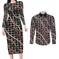 Hawaii Palaka Niihau Shell Lei Couples Matching Long Sleeve Bodycon Dress and Long Sleeve Button Shirt Tropical Island Plaid Patterns DT05 Black - Polynesian Pride