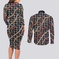 Hawaii Palaka Niihau Shell Lei Couples Matching Long Sleeve Bodycon Dress and Long Sleeve Button Shirt Tropical Island Plaid Patterns DT05 - Polynesian Pride