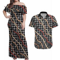Hawaii Palaka Niihau Shell Lei Couples Matching Off Shoulder Maxi Dress and Hawaiian Shirt Tropical Island Plaid Patterns
