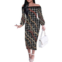 Hawaii Palaka Niihau Shell Lei Off The Shoulder Long Sleeve Dress Tropical Island Plaid Patterns