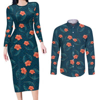 Hawaii Monstera Couples Matching Long Sleeve Bodycon Dress and Long Sleeve Button Shirt Hibiscus Flowers Simple Style - Polynesian Pride