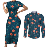 Hawaii Monstera Couples Matching Short Sleeve Bodycon Dress and Long Sleeve Button Shirt Hibiscus Flowers Simple Style - Polynesian Pride