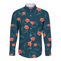 Hawaii Monstera Long Sleeve Button Shirt Hibiscus Flowers Simple Style DT05 Unisex Dark Teal - Polynesian Pride