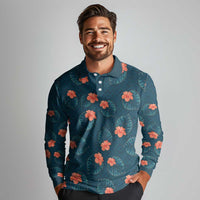 Hawaii Monstera Long Sleeve Polo Shirt Hibiscus Flowers Simple Style - Polynesian Pride