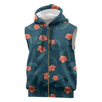 Hawaii Monstera Sleeveless Zip Hoodie Hibiscus Flowers Simple Style DT05 Dark Teal - Polynesian Pride
