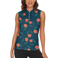 Hawaii Monstera Women Sleeveless Polo Shirt Hibiscus Flowers Simple Style - Polynesian Pride
