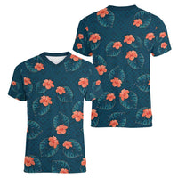 Hawaii Monstera Women V-Neck T-Shirt Hibiscus Flowers Simple Style - Polynesian Pride