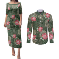 Hawaii Couples Matching Puletasi and Long Sleeve Button Shirt Green Polynesian Monstera Patterns - Polynesian Pride