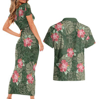 Hawaii Couples Matching Short Sleeve Bodycon Dress and Hawaiian Shirt Green Polynesian Monstera Patterns - Polynesian Pride