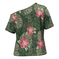 Hawaii Cross Shoulder Shirt Green Polynesian Monstera Patterns - Polynesian Pride