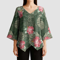 Hawaii Kimono Sleeve Blouse Green Polynesian Monstera Patterns - Polynesian Pride