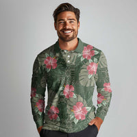 Hawaii Long Sleeve Polo Shirt Green Polynesian Monstera Patterns - Polynesian Pride