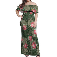 Hawaii Off Shoulder Maxi Dress Green Polynesian Monstera Patterns - Polynesian Pride