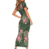 Hawaii Short Sleeve Bodycon Dress Green Polynesian Monstera Patterns - Polynesian Pride