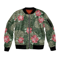Hawaii Sleeve Zip Bomber Jacket Green Polynesian Monstera Patterns - Polynesian Pride