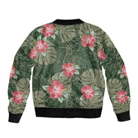Hawaii Sleeve Zip Bomber Jacket Green Polynesian Monstera Patterns - Polynesian Pride