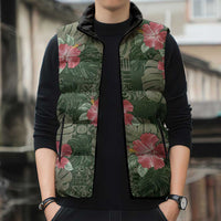 Hawaii Sleeveless Puffer Jacket Green Polynesian Monstera Patterns - Polynesian Pride