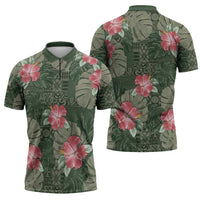 Hawaii Zipper Polo Shirt Green Polynesian Monstera Patterns - Polynesian Pride
