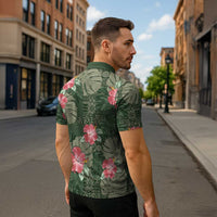 Hawaii Zipper Polo Shirt Green Polynesian Monstera Patterns - Polynesian Pride