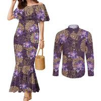Hawaii Couples Matching Mermaid Dress and Long Sleeve Button Shirt Purple Polynesian Monstera Patterns - Polynesian Pride