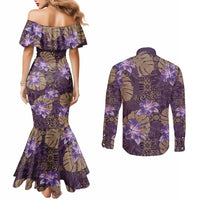 Hawaii Couples Matching Mermaid Dress and Long Sleeve Button Shirt Purple Polynesian Monstera Patterns - Polynesian Pride