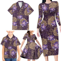 Hawaii Family Matching Long Sleeve Bodycon Dress and Hawaiian Shirt Purple Polynesian Monstera Patterns - Polynesian Pride