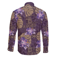 Hawaii Family Matching Off The Shoulder Long Sleeve Dress and Hawaiian Shirt Purple Polynesian Monstera Patterns - Polynesian Pride